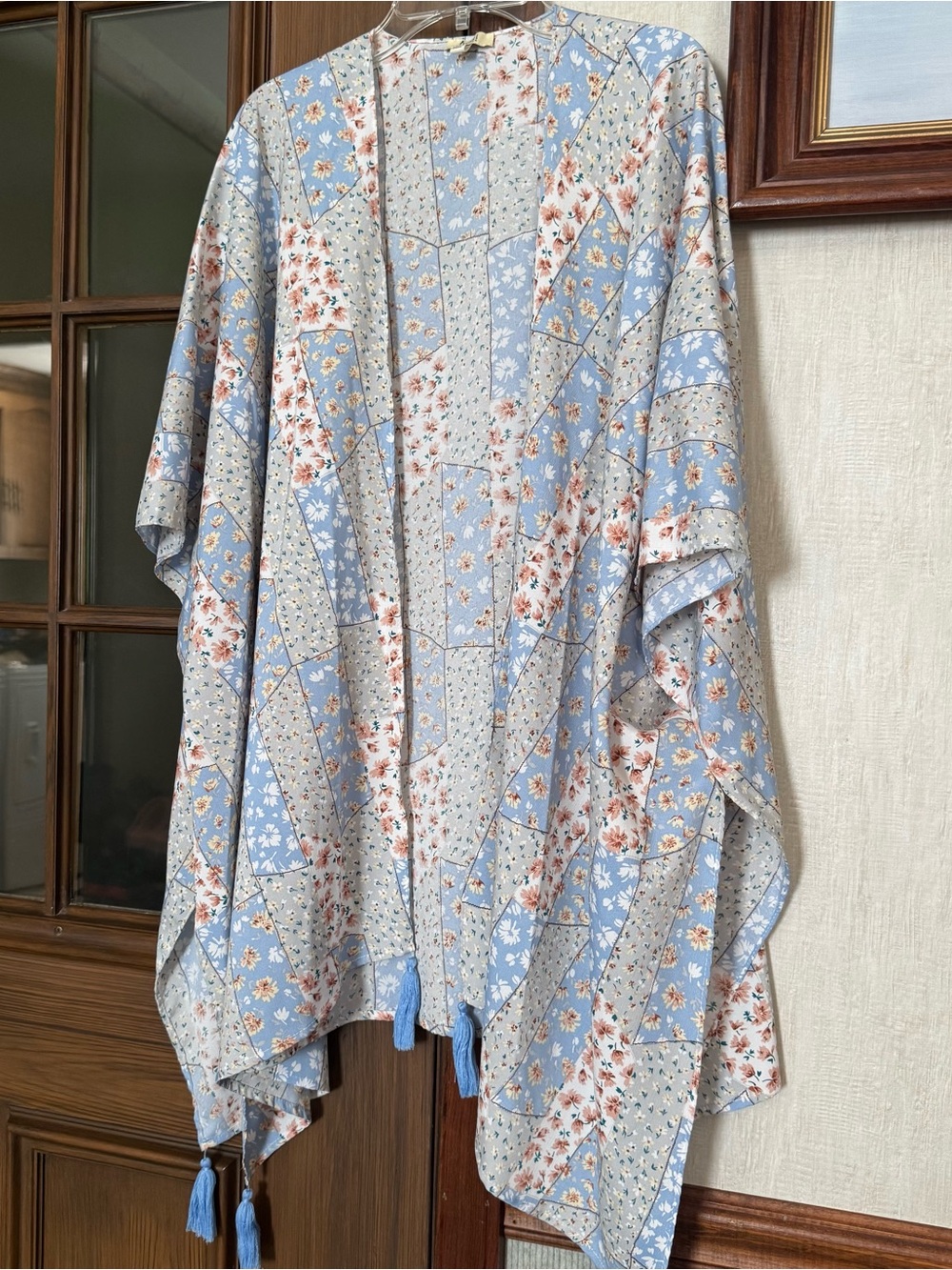 Kori America Sky Blue Floral Patchwork-Style Kimono
